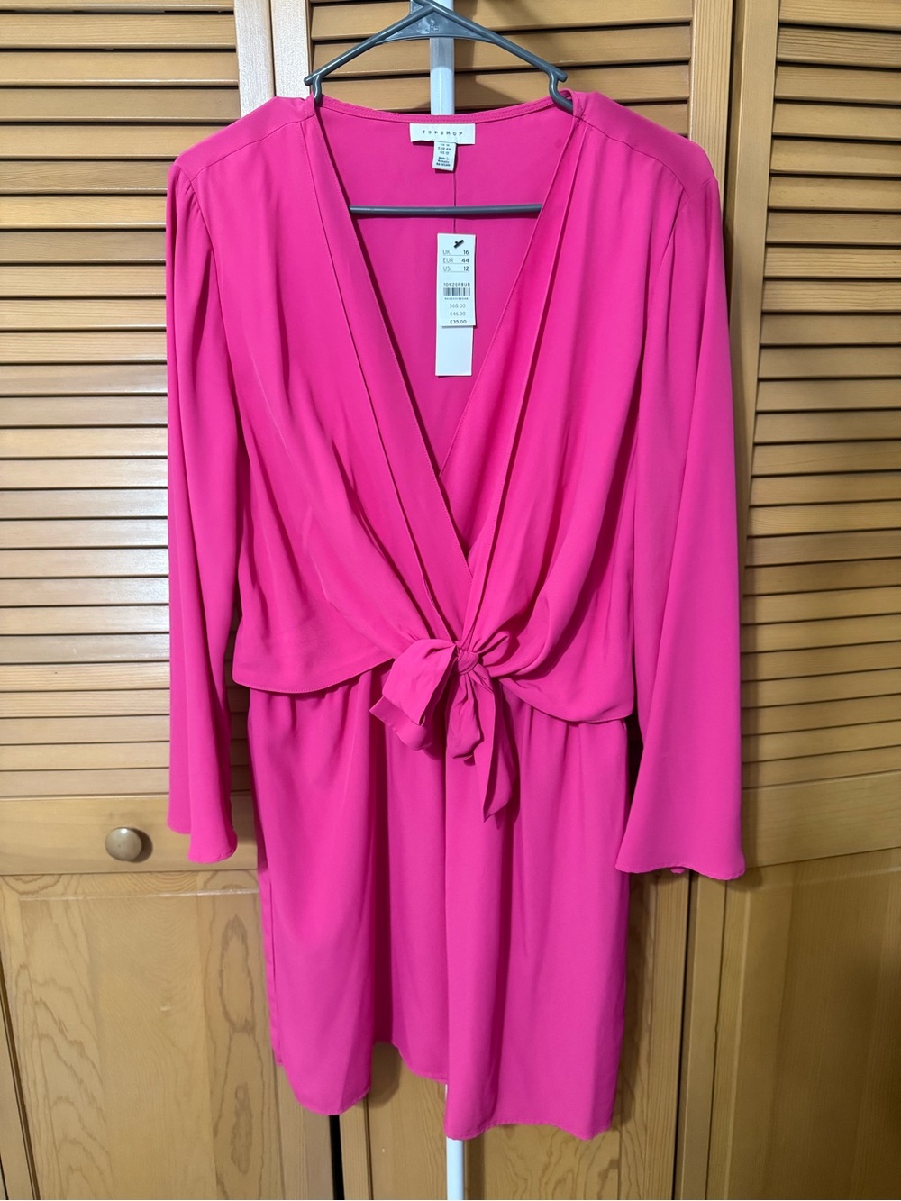 Bright Pink Tie-Front Long Sleeve Dress